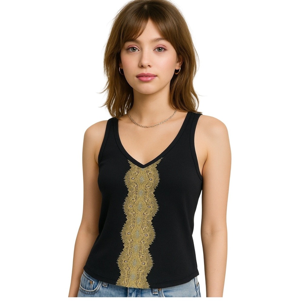 Express Women's Y2K Black Ribbed Embellished Beaded Sequin Gold Trim Tank‎ Large